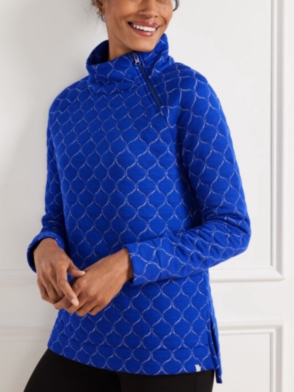 Talbots Blue Quilted Mock Neck Double Knit Pullover, Size M, NWT
